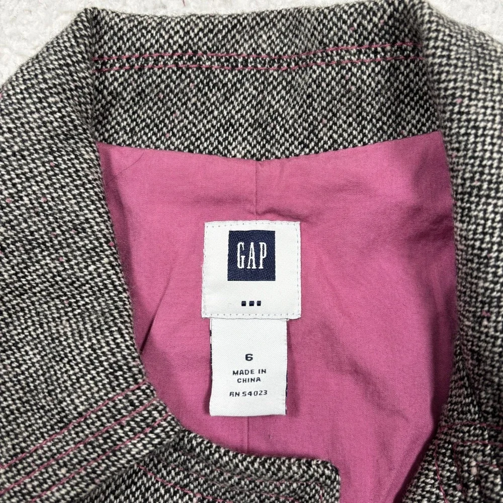 Gap Wool Blend Tweed Jacket‎ Coat Womens 6 XS Black Houndstooth Pink Speckles